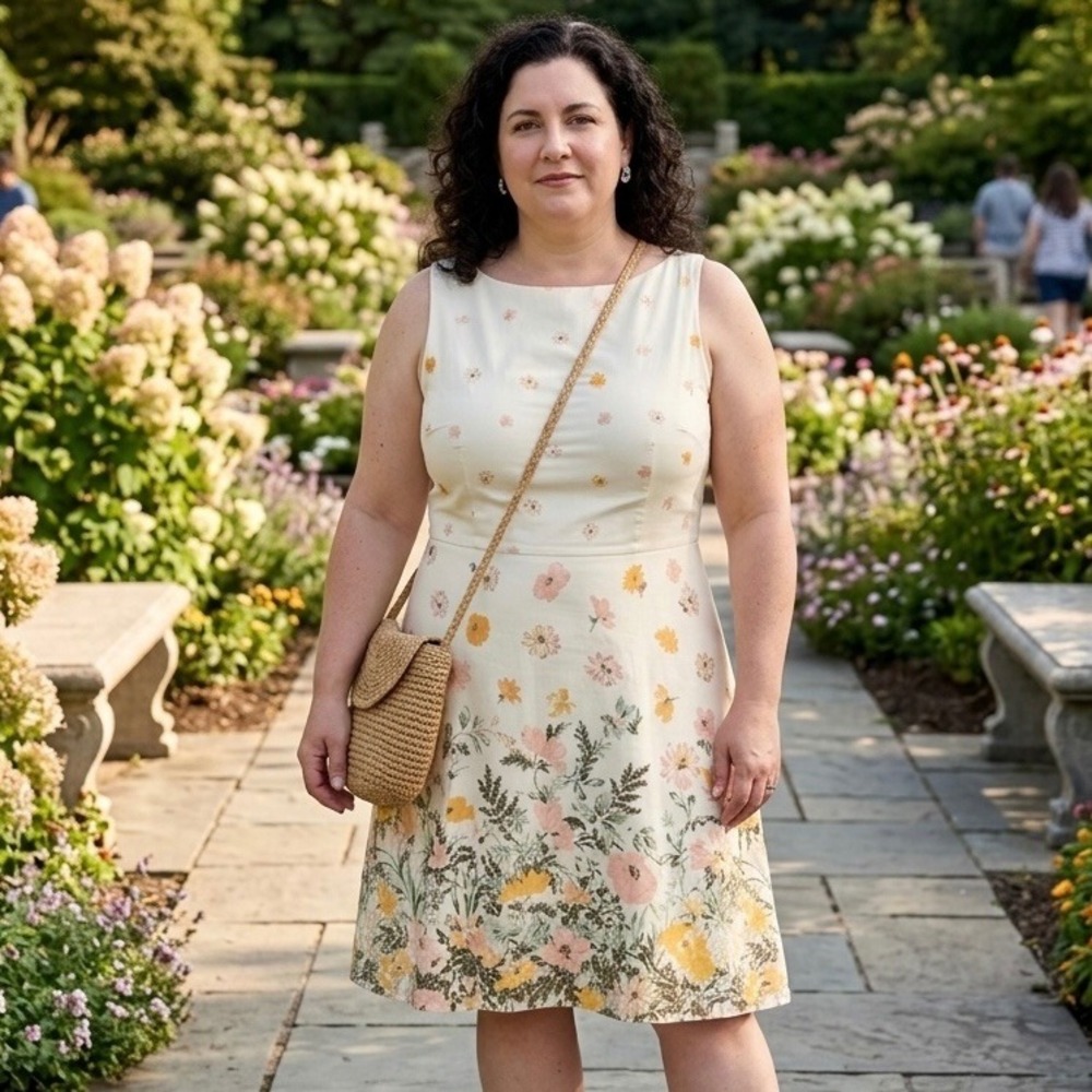LOFT Outlet Womens Floral Border Print Fit and Flare Dress Cream Peach Yellow 12
